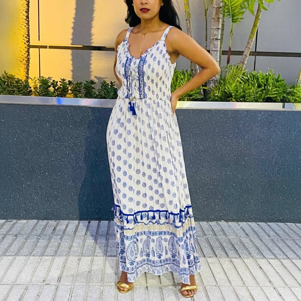 Anthropologie Me 2 Magic White Blue Bohemian Paisley Maxi Dress Size M